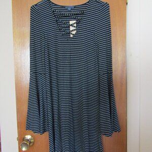 American Eagle Size XS Black White Stripe Bell Sleeve Criss Cross Neck Dress NWT